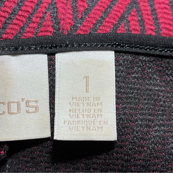 Chico’s Red Black Diamond 3/4 Sleeve Stretchy Top Womens Size 1 Boat Neck - Picture 6 of 13